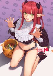  :d artist_name bikini bikini_bottom_only black_nails breasts candy claw_pose cosplay demon_horns demon_wings fangs female food frilled_shirt_collar frills green_eyes halloween_bucket horns kitagawa_marin kneeling large_breasts medium_breasts mystra77 open_mouth patreon_logo patreon_username pointy_ears purple_background red_hair rizu-kyun rizu-kyun_(cosplay) smile solo sono_bisque_doll_wa_koi_wo_suru swimsuit thighs web_address wings 