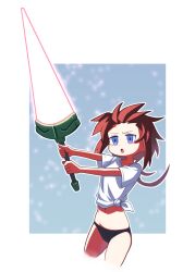  black_buruma blue_eyes border brown_hair buruma female glowing glowing_weapon gym_uniform hibun_tsukasa holding holding_weapon long_hair lyrical_nanoha mahou_shoujo_lyrical_nanoha navel open_mouth shirt short_sleeves solo stern_the_destructor tied_shirt weapon white_border white_shirt 