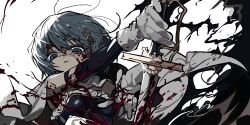  blood blue_eyes blue_hair cape elbow_gloves female fortissimo gloves hair_ornament highres jihecchi magical_girl mahou_shoujo_madoka_magica mahou_shoujo_madoka_magica_(anime) miki_sayaka miki_sayaka_(magical_girl) musical_note musical_note_hair_ornament short_hair solo sword upper_body weapon white_background white_cape white_gloves 