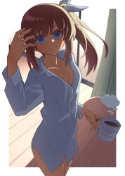  blue_eyes blue_ribbon breasts brown_hair buttons cleavage closed_mouth coffee collarbone dress_shirt female fingernails hair_ribbon hibun_tsukasa highres long_hair looking_at_viewer lyrical_nanoha mahou_shoujo_lyrical_nanoha mug_writing no_pants ribbon shirt side_ponytail solo takamachi_nanoha 