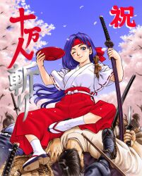 1990s_(style) arms_up blue_eyes blue_hair blue_sky blurry blurry_foreground breasts broken broken_sword broken_weapon brown_ribbon character_request cherry_blossoms clothing_request commentary_request copyright_request corpse cup day falling_petals female full_body hakama hakama_pants headband holding holding_cup holding_sheath holding_sword holding_weapon japanese_clothes kimono kneehighs light_blush long_hair looking_to_the_side medium_breasts milestone_celebration one_eye_closed outdoors pants petals pile_of_corpses pink_petals red_headband red_pants retro_artstyle ribbon ribbon-trimmed_sleeves ribbon_trim samurai sandals sheath sheathed shoe_soles sitting sitting_on_person sky socks solo_focus sword tasuki teiku_(take) waist_ribbon weapon white_kimono white_ribbon white_socks wide_sleeves 