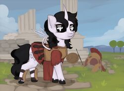  2018 armor black_hair equid equine fan_character female hair hasbro hi_res horn mammal marsminer melee_weapon my_little_pony mythological_creature mythological_equine mythology outside polearm shield solo spartan_(roman) spear unicorn weapon 