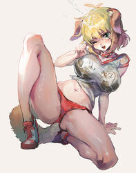  ;3 ;d animal_ears antenna_hair arm_support bare_arms blonde_hair blush breasts buruma collar commentary_request dog_ears dog_tail female full_body furrowed_brow green_eyes gym_shirt hair_between_eyes highres large_breasts mafuyu_hemp navel one_eye_closed open_mouth red_buruma red_collar ryouna_(senran_kagura) see-through senran_kagura shirt shoes short_sleeves smile sneakers solo spiked_collar spikes tail thighs tiptoes water wet wet_clothes wet_shirt white_shirt 