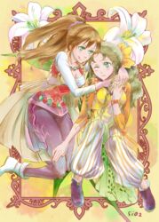  bow breasts brown_hair cleavage closed_mouth commentary_request dress ellen_carson green_eyes green_hair hair_ornament hair_scrunchie hairbow long_hair multiple_girls pants ponytail romancing_saga_3 saga sarah_carson scrunchie sio2_(nisankakeiso) smile vest 