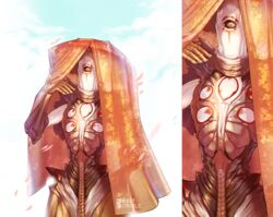  alien artist_name battleborn cloud commentary_request day dizmathik female gloves miko_(battleborn) mushroom one-eyed orange_eyes petals sky solo upper_body veil 