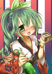  ;d ahoge alcohol blush bottle bow bracelet commentary_request drunk female flower_knight_girl green_bow green_eyes green_hair hairbow high_ponytail highres holding holding_bottle hop_(flower_knight_girl) izumi_yukiru japanese_clothes jewelry kimono long_hair looking_at_viewer masu one_eye_closed open_mouth ponytail print_kimono sake smile solo squeans striped striped_background vertical_stripes wine_bottle 