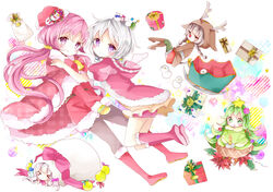  &gt;_&lt; 5girls :o :q :x animal_hood antlers arm_support bad_id bad_pixiv_id bag bell belt belt_buckle black_pantyhose blouse blue_bow blunt_bangs blush boots bow box braid brown_eyes brown_footwear brown_shirt brown_skirt buckle burning candle candy candy_cane candy_cane_hair_ornament capelet christmas christmas_ornaments christmas_tree_hair_ornament cloak commentary diagonal_stripes fake_antlers food food-themed_hair_ornament fur-trimmed_boots fur-trimmed_capelet fur-trimmed_cloak fur_trim gift gift_bag gift_box green_eyes green_hair green_pantyhose green_shirt grey_hair hair_ornament hair_tie hand_on_another&#039;s_shoulder hat head_rest heart highres holly hood hood_down horns in_bag in_container jingle_bell knee_boots long_hair long_sleeves looking_at_viewer looking_to_the_side low_twintails mini_person mini_wings minigirl mittens multiple_girls open_mouth orange_pantyhose original pantyhose parted_lips pink_bow pink_eyes pink_footwear pink_hair pink_shorts plaid polka_dot purple_eyes red_bow red_cloak red_footwear red_nose red_shorts reindeer_antlers reindeer_hood sack santa_boots santa_costume santa_hat shirt short_sleeves shorts skirt sleigh snowman snowman_hair_ornament sparkle standing star_(symbol) star_hair_ornament striped tongue tongue_out tsukiyo_(skymint) twin_braids twintails unmoving_pattern very_long_hair white_hair wings 