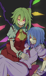  2girls angry bad_id bad_pixiv_id blonde_hair blue_hair flandre_scarlet glowing glowing_eyes kenuu_(kenny) kubrick_stare multiple_girls no_headwear one_eye_closed photoshop_(medium) pink_eyes puffy_short_sleeves puffy_sleeves red_eyes remilia_scarlet short_hair short_sleeves siblings side_ponytail sisters touhou wince wrist_cuffs 