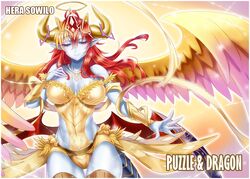  angel angel_wings blonde_hair blue_skin border breasts character_name cleavage colored_skin commentary_request copyright_name demon_girl demon_wings female hair_ornament halo hand_on_own_chest hera-sowilo_(p&amp;d) hera_(p&amp;d) horn_ornament horn_ring horns jewelry large_breasts long_hair looking_at_viewer multicolored_hair multiple_wings necklace puzzle_&amp;_dragons red_hair red_wings sennoyume slit_pupils smile solo tail thighhighs two-tone_hair vambraces white_border wings yellow_eyes yellow_wings 