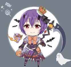  319thie bat_(animal) belt_bag black_horns bow broken_horn candy_print check_commentary chibi closed_mouth commentary_request cross-laced_clothes crossed_bangs crown female floating_skull frills full_body ghost hair_between_eyes halloween highres holding holding_scythe horns jack-o&#039;-lantern_ornament jack-o&#039;-lantern_print lantern looking_at_viewer mini_crown mole mole_under_eye orange_bow pantyhose princess_connect! pumpkin purple_hair purple_legwear scythe shinobu_(halloween)_(princess_connect!) shinobu_(princess_connect!) short_hair simple_background skirt sleeves_past_wrists smile solo striped_clothes striped_pantyhose tilted_headwear torn_clothes 