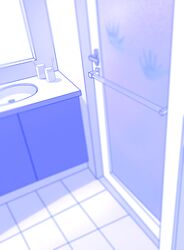  absurdres bathroom blue_theme blurry commentary_request door handprint highres implied_sex lulu_heika monochrome nelson_(warship_girls_r) no_humans original sink toothbrush warship_girls_r 