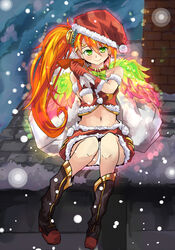  bird_wings blush boots chimney commentary_request female fur_trim gloves green_eyes hair_ornament hat highres leilan_(p&amp;d) long_hair looking_at_viewer midriff multicolored_wings navel orange_hair puzzle_&amp;_dragons red_gloves red_skirt rooftop sack santa_costume santa_hat side_ponytail skirt smile snow solo tonton_(hamuni123) wings 