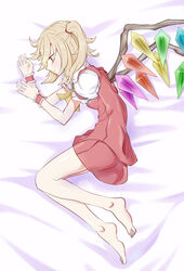  ascot bad_id bad_pixiv_id barefoot blonde_hair crystal female flandre_scarlet highres kenuu_(kenny) lying no_headwear on_side photoshop_(medium) puffy_short_sleeves puffy_sleeves red_eyes sad short_hair short_sleeves side_ponytail solo touhou wings wrist_cuffs 