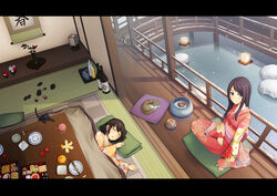  2014 2girls ball black_eyes black_hair bottle chopsticks commentary_request feline food from_above highres indoors japanese_clothes juice kimono kotatsu lantern letterboxed long_hair looking_at_viewer multiple_girls nengajou new_year obi open_mouth original osechi paper_lantern photoshop_(medium) plate sake_bottle sash seiza sitting sleeping smile snow snowing table tatami temari_ball water wide_sleeves yarn yarn_ball yumemizuki 