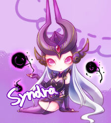  breasts character_name cleavage commentary dress female fingerless_gloves frown gloves helmet league_of_legends long_hair medium_breasts mizoreame pink_eyes purple_dress solo syndra white_hair 