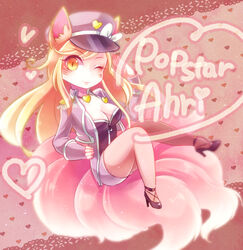  ;) ahri_(league_of_legends) alternate_costume alternate_hair_color alternate_hairstyle animal_ears blonde_hair blush bow breasts character_name chibi cleavage commentary cosplay cross-laced_footwear epaulettes facial_mark female fox_ears fox_tail from_side full_body girls&#039;_generation hand_on_own_hip hat hat_bow heart heart_background heart_necklace high_heels jewelry knees_together_feet_apart lace lace_background league_of_legends light_smile long_hair long_sleeves looking_at_viewer medium_breasts mizoreame multiple_tails necklace one_eye_closed peaked_cap popstar_ahri salute shoes shorts sitting smile solo swept_bangs tail thighs uniform very_long_hair whisker_markings yellow_eyes zipper 