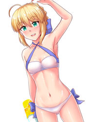  artoria_pendragon_(fate) artoria_pendragon_(swimsuit_archer)_(fate) artoria_pendragon_(swimsuit_archer)_(first_ascension)_(fate) bikini blonde_hair bush commentary_request cowboy_shot dutch_angle fate/grand_order fate_(series) female green_eyes momoda_yasuhito navel simple_background smile standing swimsuit water_gun white_background white_bikini 