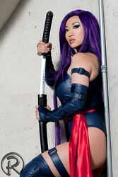  cosplay female katana marvel photo psylocke purple_hair solo sword thighhighs weapon x-men yaya_han 