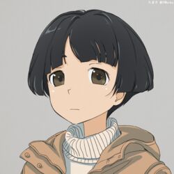  akagi_(fmttps) artist_name bangs black_eyes black_hair blunt_bangs bob_cut brown_coat casual closed_mouth coat commentary female girls_und_panzer grey_background hooded_coat konparu_nozomi light_frown looking_at_viewer portrait short_hair simple_background solo sweater turtleneck twitter_username white_sweater 