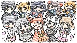  6+girls :d \o/ animal_ears appleq arms_up australian_devil_(kemono_friends) bad_id bad_pixiv_id bear_girl bearded_seal_(kemono_friends) black_eyes black_jaguar_(kemono_friends) black_leopard_(kemono_friends) blonde_hair brown_eyes brown_hair closed_eyes commentary_request crunchyroll extra eyepatch giant_panda_(kemono_friends) glowstick green_eyes grey_eyes grey_hair heart highres hime_(crunchyroll) kemono_friends leopard_(kemono_friends) long_hair looking_at_viewer multiple_girls open_mouth orange_hair outstretched_arms puma_(kemono_friends) rock_hyrax_(kemono_friends) short_hair sika_deer_(kemono_friends) sika_deer_(kemono_friends)_(old_design) smile tail white_hair yellow_eyes 