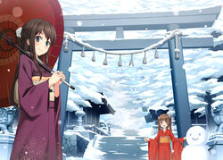  2013 2girls :d black_hair blue_eyes blush braid brown_eyes brown_hair commentary_request day flower hair_flower hair_ornament half_updo highres japanese_clothes kimono long_hair looking_at_viewer multiple_girls nengajou new_year obi open_mouth original outdoors photoshop_(medium) sash shrine smile snow snowman statue stone_lantern torii twintails wide_sleeves yumemizuki 