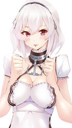  anchor azitama_atsushi_(attyuu) azur_lane blush breasts breasts_squeezed_together choker cleavage collarbone commentary_request dress female hair_between_eyes hairband highres lace-trimmed_hairband lace_trim large_breasts looking_at_viewer photoshop_(medium) puffy_sleeves red_eyes ribbon short_hair short_sleeves sidelocks sirius_(azur_lane) solo white_hair 