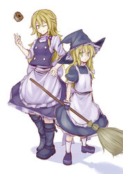  2girls aged_down apron bad_id bad_pixiv_id blonde_hair boots braid breasts broom dual_persona fingerless_gloves flat_chest full_body gloves green_eyes hand_on_own_hip hat kenuu_(kenny) kirisame_marisa knee_boots loafers long_hair mini-hakkero multiple_girls no_headwear one_eye_closed photoshop_(medium) shoes side_braid small_breasts smile socks standing touhou waist_apron witch_hat 