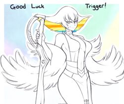  breasts center_opening commentary_request dress feather_boa female kill_la_kill kill_la_kill_final_episode_scissor_blade_relay_(meme) kiryuuin_ragyou large_breasts lowres mature_female meme multicolored_hair rainbow_hair reverse_grip scissor_blade_(kill_la_kill) short_hair sideboob smile solo spot_color touko_fukawa 