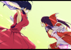  2girls ahoge armpits bad_id bad_pixiv_id bare_shoulders black_hair bow breasts detached_sleeves hair_over_eyes hair_tubes hairbow hakama hakama_skirt hakurei_reimu japanese_clothes kenuu_(kenny) large_breasts leotard letterboxed long_hair m.u.g.e.n multiple_girls nontraditional_miko ofuda original photoshop_(medium) red_hakama sendai_hakurei_no_miko sideboob skirt teeth touhou wide_sleeves 