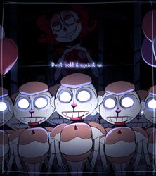  2016 animatronic atlas-white bidybab_(fnafsl) circus_baby_(fnaf) digital_media_(artwork) english_text five_nights_at_freddy&#039;s glowing glowing_eyes group humanoid large_group machine not_furry robot scottgames sister_location text 