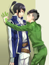  2boys black_hair blush commentary_request flynn_(megami_tensei) green_eyes kabedon magatsumagic male_focus mohawk multiple_boys nanashi_(megami_tensei) ponytail shin_megami_tensei shin_megami_tensei_iv shin_megami_tensei_iv_final sweatdrop tattoo yaoi 