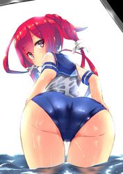  ass commentary_request female from_behind hair_between_eyes hair_ribbon hand_on_own_hip i-168_(kancolle) kantai_collection leaning_forward long_hair looking_at_viewer looking_back one-piece_swimsuit ponytail red_hair ribbon school_swimsuit school_uniform see-through serafuku solo swimsuit swimsuit_under_clothes thighs unomi wading water wet wet_clothes 