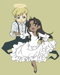  1boy alphonse_heiderich anklet blonde_hair blue_eyes blush braid brown_hair chibi conqueror_of_shambala dark_skin dress dress_shirt earrings female fullmetal_alchemist grey_eyes halo hand_holding jewelry long_hair looking_at_another noah_(fma) open_mouth shirt short_hair simple_background smile suspenders white_dress 