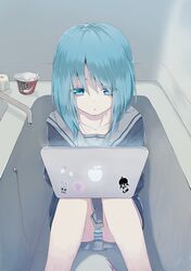  apple_inc. aqua_hair bathroom bathtub blue_eyes commentary_request computer empty_bathtub female highres hugging_own_legs indoors kyonko_t laptop long_hair macintosh original panties school_uniform serafuku sitting skirt solo sticker striped_clothes striped_panties underwear 