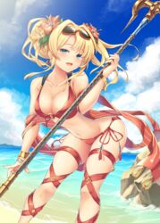  :d beach bent_over bikini blonde_hair blue_eyes blue_sky blush bracelet braid breasts cleavage cloud collarbone commentary_request day eyebrows eyewear_on_head female flower granblue_fantasy groin hair_flower hair_intakes hair_ornament halterneck highres holding holding_staff jewelry large_breasts leg_ribbon legs_apart long_hair looking_at_viewer mafuyun navel o-ring o-ring_bikini o-ring_top ocean official_alternate_costume open_mouth outdoors red-framed_eyewear red_bikini red_ribbon ribbon rock sand shawl side-tie_bikini_bottom sidelocks sky smile solo staff standing stomach string_bikini summer sunglasses swimsuit tassel thigh_ribbon twintails zeta_(granblue_fantasy) zeta_(summer)_(granblue_fantasy) 