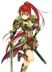  armor commentary_request female green_eyes highres long_hair maou_no_hajimekata moonsorrow official_art red_hair simple_background skirt smile solo sword weapon white_background yunisfinia_meredith_le_ella_grandiera 