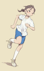  brown_eyes brown_hair commentary_request female gym_uniform kneehighs original ponytail running shirt shorts simple_background socks solo sweat t-shirt tessaku_ro white_socks 