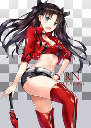  :d asle bangle belt belt_buckle black_bow black_choker black_skirt blue_eyes boots bow bracelet breasts brown_hair buckle character_name checkered_background chinese_commentary choker cleavage collarbone commentary_request cropped_jacket fate/stay_night fate_(series) female fingernails hairbow jacket jewelry long_hair looking_at_viewer official_alternate_costume open_clothes open_jacket open_mouth parted_bangs photoshop_(medium) race_queen red_footwear red_jacket red_thighhighs red_umbrella short_sleeves skirt small_breasts smile solo thigh_boots thighhighs tohsaka_rin tohsaka_rin_(type-moon_racing) two_side_up umbrella white_belt 