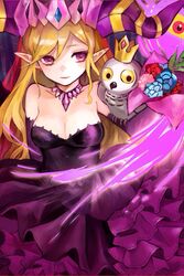  bad_id bad_pixiv_id bare_shoulders bird blonde_hair breasts choker cleavage clenched_teeth commentary_request crown dress elbow_gloves female flower frills gloves gmanee highres horns jewelry lilith_(p&amp;d) long_hair owl pointy_ears purple_dress purple_eyes puzzle_&amp;_dragons smile solo strapless strapless_dress teeth 