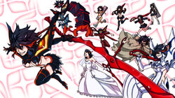  6+girls alternate_costume bad_id bad_pixiv_id berserk_ryuuko cloak dress highres jacket junketsu kill_la_kill matoi_ryuuko multicolored_hair multiple_girls multiple_persona pajamas progression scarf scissor_blade_(kill_la_kill) senketsu senketsu_(scarf) shoes short_hair skirt sneakers spoilers two-tone_hair weapon wedding_dress yusuki_(fukumen) 