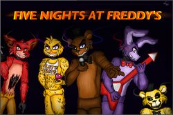  2016 animatronic anthro avian bear bird bonnie_(fnaf) bow_(feature) bow_tie canid canine chica_(fnaf) chicken clothing cupcake_(fnaf) digital_media_(artwork) exposed_endoskeleton five_nights_at_freddy&#039;s fox foxy_(fnaf) freddy_(fnaf) galliform gallus_(genus) glowing glowing_eyes golden_freddy_(fnaf) group guitar hat headgear headwear holding_musical_instrument holding_object hook hook_hand lagomorph leporid machine mammal musical_instrument phasianid pirate playing_guitar playing_music plucked_string_instrument rabbit robot sammytheanimatronic scottgames simple_background string_instrument top_hat 