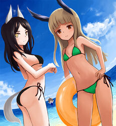  3girls animal_ears ass bad_id bad_pixiv_id beach bikini bird_girl black_hair blonde_hair brown_hair catocala constantia_cantacuzino day dog_ears dog_girl extra_ears grete_m._gollob hand_on_own_hip head_wings innertube inufusa_yuno midriff multiple_girls navel outdoors photoshop_(medium) side-tie_bikini_bottom swim_ring swimsuit tail wings wolf_ears wolf_girl wolf_tail world_witches_series yellow_eyes 