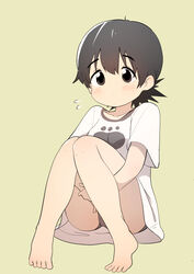  barefoot brown_eyes brown_hair bural_chingu commentary eyebrows feet female full_body highres korean_commentary looking_at_viewer luke_(dydansgur) panties seong_mi-na_(bural_chingu) shirt short_hair simple_background solo t-shirt tareme underwear 