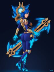  ass blue_hair breasts female from_behind frostblade_irelia highres irelia large_breasts league_of_legends liberated-gus solo 