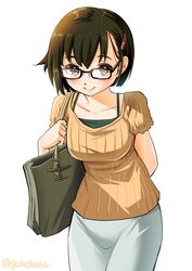  adapted_costume alternate_costume bag bespectacled brown_eyes brown_hair commentary_request cowboy_shot female glasses hair_ornament hairclip handbag highres hiryuu_(kancolle) kantai_collection leaning_forward long_skirt one-hour_drawing_challenge orange_shirt shirt short_hair simple_background skirt smile sogabe_toshinori solo white_background white_skirt 