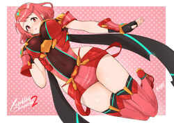  armor backless_outfit blush bob_cut breasts commentary_request covered_navel crotchless crotchless_pants earrings female fingerless_gloves gloves hair_ornament impossible_clothes jewelry large_breasts looking_at_viewer micro_shorts pants pyra_(xenoblade) red_eyes red_hair red_shorts short_hair shorts shoulder_armor sidelocks simple_background skindentation solo swept_bangs takuji_yuusaku tiara xenoblade_chronicles_(series) xenoblade_chronicles_2 