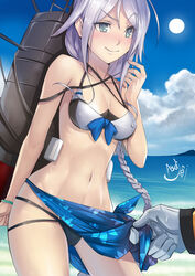  1boy admiral_(kancolle) asdj bikini blue_eyes blue_sky blush braid clothes_lift cloud collarbone commentary dated day female gloves grey_hair hair_tie highres kantai_collection long_hair machinery mole mole_under_eye mountain navel ocean out_of_frame photoshop_(medium) sarong sarong_lift signature single_braid skirt skirt_lift skirt_tug sky smile smokestack sun swimsuit umikaze_(kancolle) umikaze_(swimsuit_mode)_(kancolle) very_long_hair white_gloves 