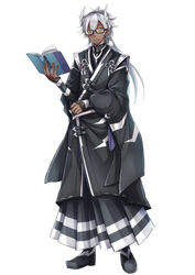  1boy black_footwear blue_eyes book commentary_request dark-skinned_male dark_skin earrings full_body hairband holding holding_book japanese_clothes jewelry kasuka108 lightning_hair long_hair male_focus open_book personification pokemon shoes solo standing white_hair zebstrika 