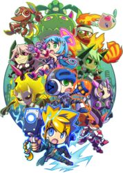  2girls 6+boys angel azure_striker_gunvolt beck_(mighty_no._9) black_sclera blonde_hair blue_eyes blue_hair brandish_(mighty_no._9) chibi circle colored_sclera daytona_(gunvolt) detached_wings dual_wielding ekoro_(galgun) elise_(gunvolt) fire gal_gun gal_gun_(series) gal_gun_double_peace green_eyes gun gunvolt halo helmet holding jota_(gunvolt) mighty_gunvolt mighty_no._9 multiple_boys multiple_girls official_art pantera_(gunvolt) pink_eyes pointing pointing_at_viewer purple_eyes pyrogen_(mighty_no._9) red_eyes stratos_(gunvolt) sword transparent_background weapon wings 