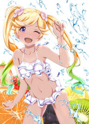  ;d bare_arms bikini blonde_hair blue_eyes blush commentary_request female flower food fruit granblue_fantasy grapes groin_tendon hair_flower hair_ornament highres io_(granblue_fantasy) io_(summer)_(granblue_fantasy) kiwi_(fruit) kiwi_slice lemon lemon_slice long_hair midorinocha multicolored_hair navel official_alternate_costume one_eye_closed open_mouth orange_(fruit) orange_slice smile solo strawberry swimsuit twintails very_long_hair water 